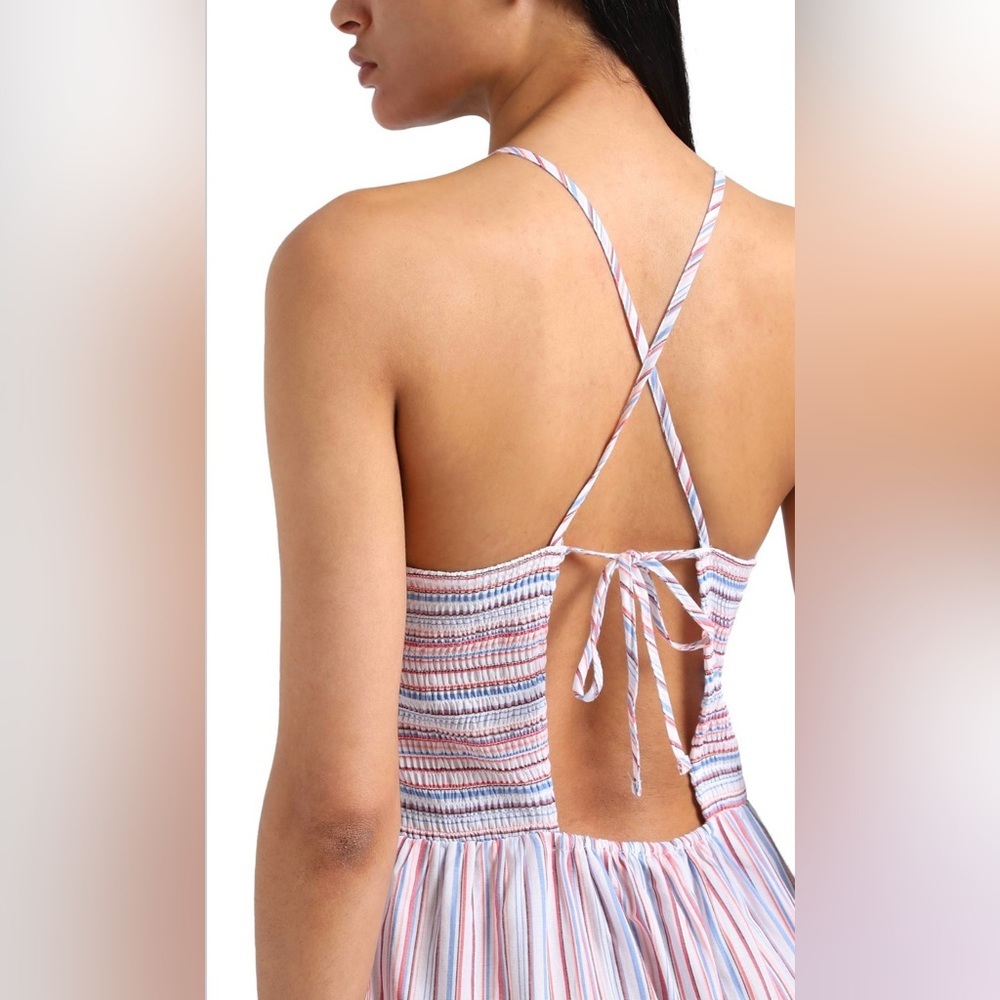 Zara Striped Halter Maxi Dress Backless Tiered Boho Coastal Beach Small Pink Red - Picture 2 of 10